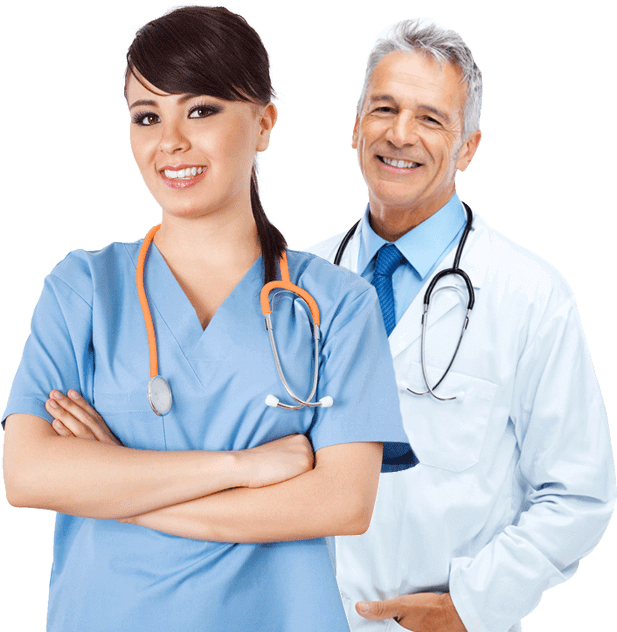 Two smiling medical professionals in scrubs.