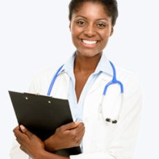 Smiling doctor holding a clipboard.