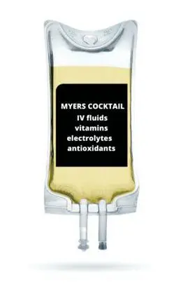 A picture of an infusion bottle with the words myers cocktail written on it.