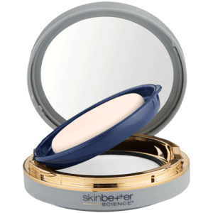 A compact mirror with a blue lid and gold rim.