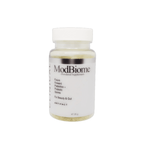 A bottle of modbiome supplement on a green background