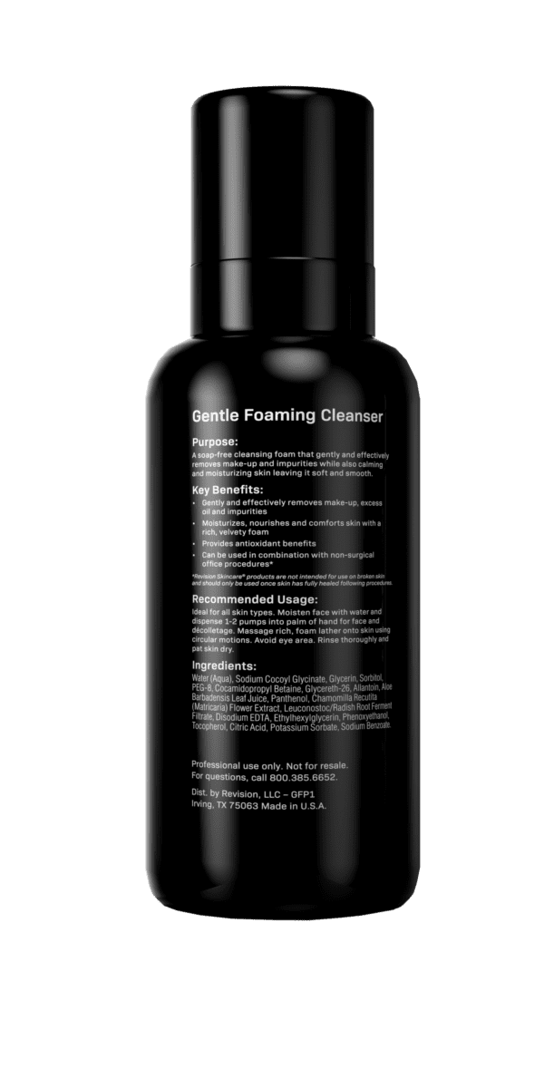A black bottle with a white label on it, the Gentle Foaming Cleanser.