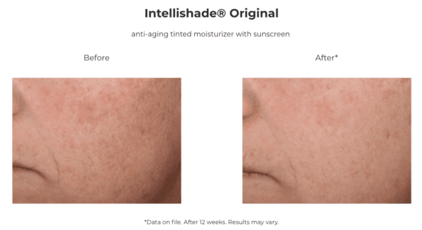 An image of a woman's face before and after using the Intellishade Original.