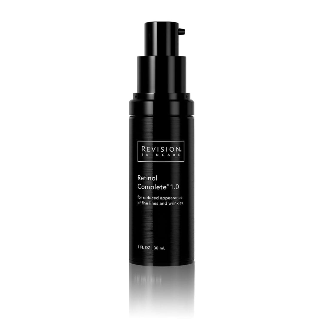 A black bottle of Retinol Complete 1.0 cream on a white background.